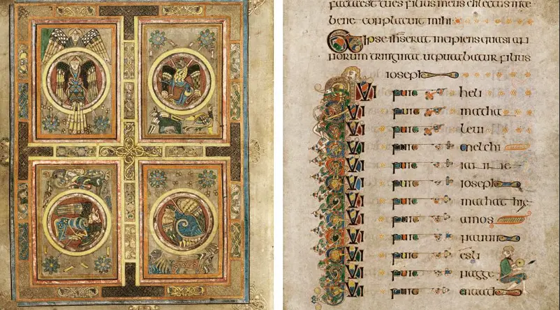 Two illuminated manuscript pages from the Book of Kells, featuring intricate Celtic designs, religious iconography, and ornate calligraphy.