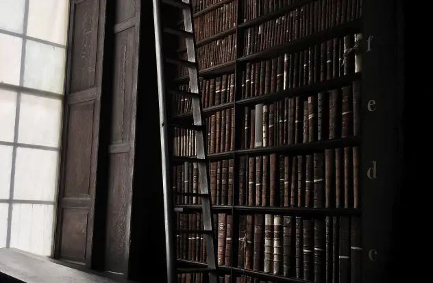 A dimly lit section of Trinity College Library’s Long Room, featuring towering wooden bookshelves filled with antique books and a rolling ladder leaning against them, with soft light streaming through a large window.