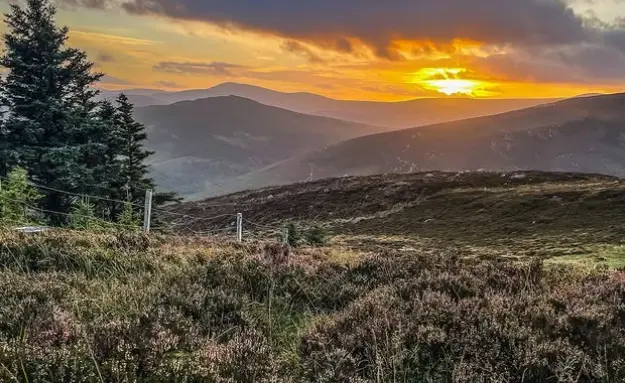 A breathtaking sunset over the Wicklow Mountains, as seen from the Ballinastoe Woods trail.